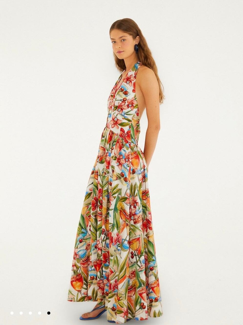Farm Rio Halter Cocktail Linen Blend Maxi Dress Size Small